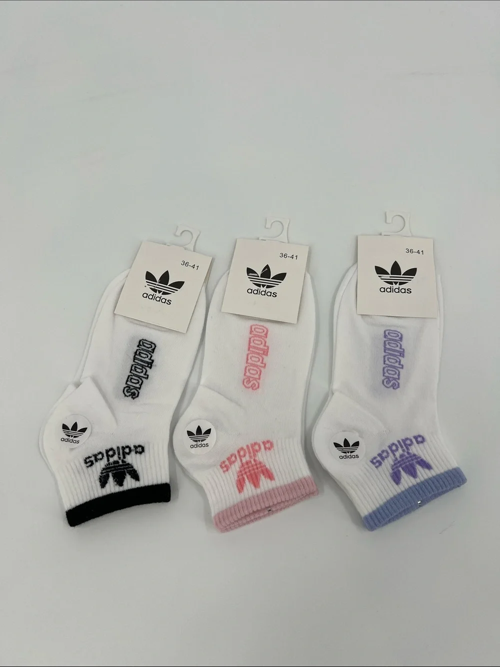 adidas  3-Pack Low Cut Socks in White with Black, Pink & Lavender Accents
